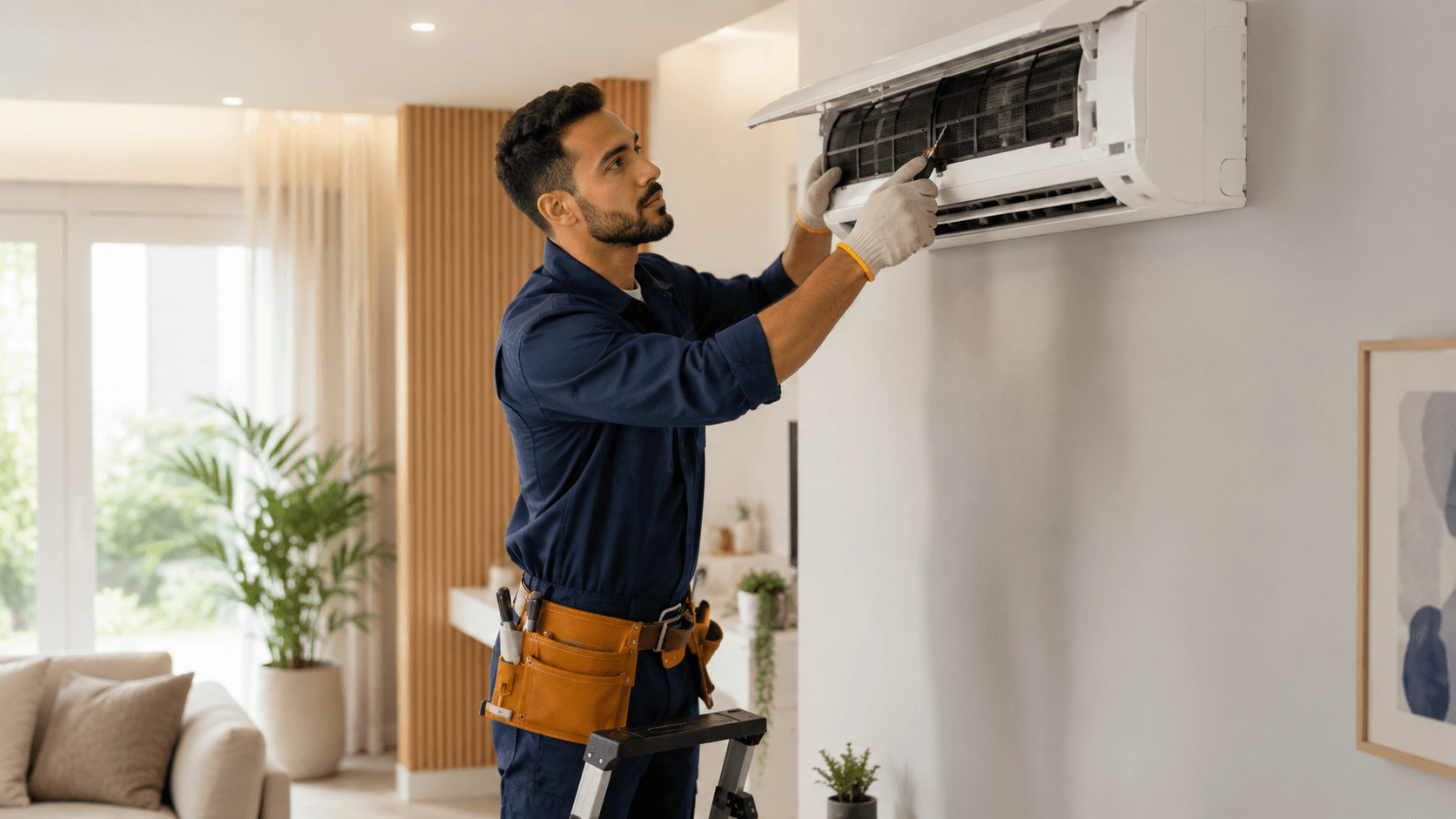 Técnico de ar-condicionado trabalhando em uma residência
